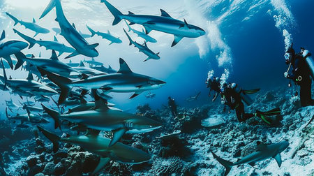 A group of divers observing a mesmerizing school of reef sharks in their natural habitat.の素材