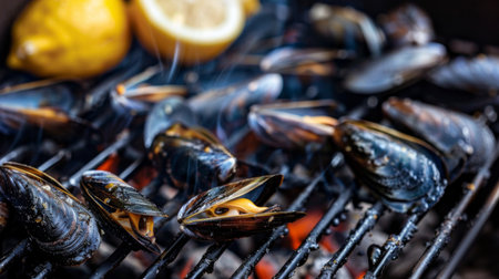 A close-up of mussels being grilled on a barbecue with a smoky char, ready to be enjoyed with a squeeze of lemon.の素材