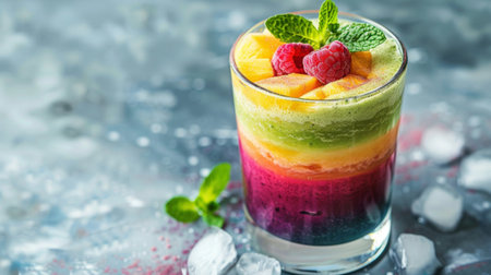 A glass of colorful rainbow smoothie with layers of different fruit purees, each layer delicately floating above the next.の素材