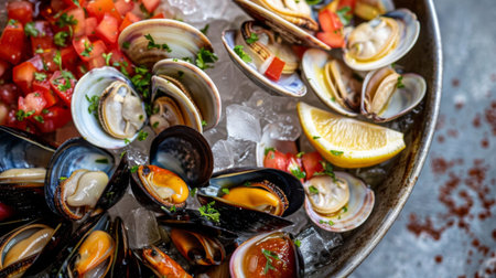 A colorful seafood platter featuring a variety of cooked and raw clams, mussels, and scallops, served on ice.の素材