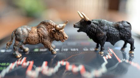 A dynamic image of a bull and bear figurine placed on opposite ends of a stock market graph, symbolizing market trends.の素材