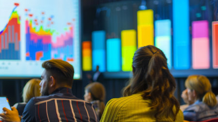 A group of people attending a financial literacy workshop, with colorful graphs displayed on a screen.の素材