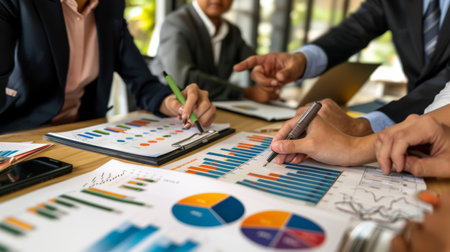 A group of investors discussing investment strategies while pointing at a financial graph, symbolizing financial planning and teamwork.の素材