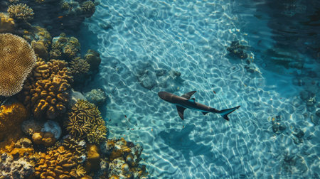A lone shark swimming gracefully in crystal-clear waters, surrounded by vibrant coral reefs.の素材