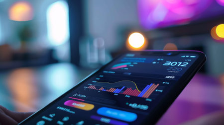 A smartphone displaying a banking app with interactive financial graphs and account balances.の素材