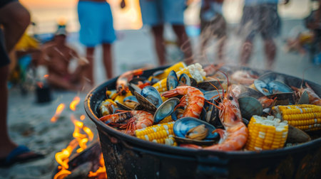 A seafood boil party on the beach, with friends gathered around a large pot of steaming clams, shrimp, and corn on the cob.の素材