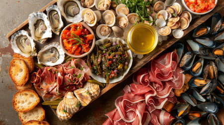 A seafood lover's charcuterie board featuring an assortment of smoked oysters, pickled clams, and marinated mussels.の素材