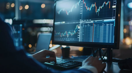 A person checking their stock portfolio on a computer screen, with financial charts and graphs reflecting investment performance.の素材