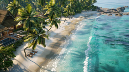 A luxury beach resort nestled among palm trees, offering private villas with stunning ocean views and pristine sandy beaches.の素材