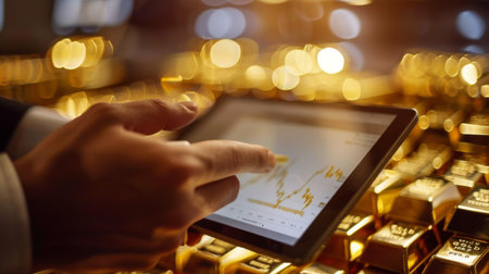 A person checking their gold portfolio on a tablet with gold price charts reflecting investment performance.の素材