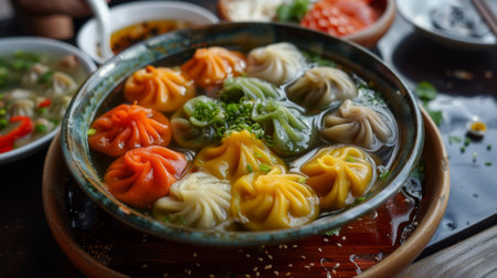 A platter of colorful dumplings floating in a savory broth, showcasing the diversity and artistry of Chinese cuisine.の素材