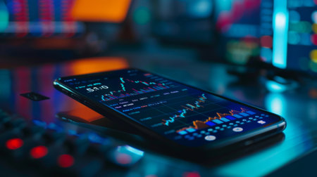A smartphone displaying a stock market app with live financial data and graphs, emphasizing technology in finance.の素材