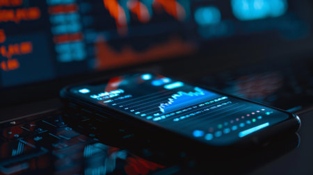 A smartphone displaying a stock market app with live financial data and graphs, emphasizing technology in finance.の素材