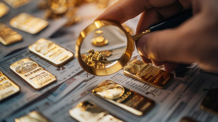 A person comparing gold prices across different time periods using a magnifying glass on printed graphs.の素材