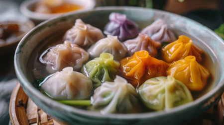 A platter of colorful dumplings floating in a savory broth, showcasing the diversity and artistry of Chinese cuisine.の素材