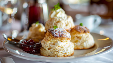 A plate of freshly baked fruit scones served with clotted cream and jam, a quintessential treat for afternoon tea.の素材