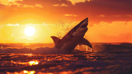 A silhouette of a great white shark breaching the surface of the water at sunset.の素材