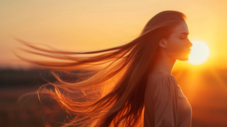 A young woman with long, flowing hair standing against a sunset backdrop, her locks shining with natural beauty.の素材