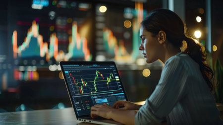 A woman analyzing gold price data on a laptop screen with a focused expression, showcasing meticulous financial analysis.の素材