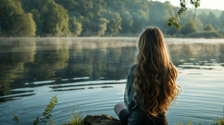 A woman with long, flowing hair enjoying a peaceful moment by a lake, her reflection shimmering in the water.の素材