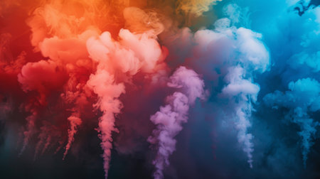 Brightly colored smoke grenades emitting vibrant plumes against a dark background, adding drama and intensity.の素材