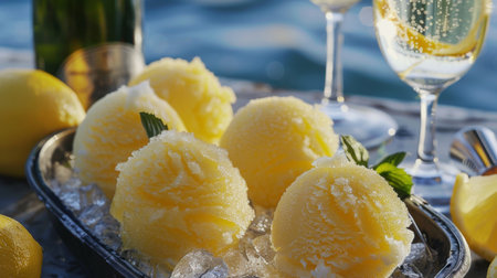 A tray of refreshing lemon sorbet scoops floating in sparkling prosecco, creating a delightful summer cocktail.の素材