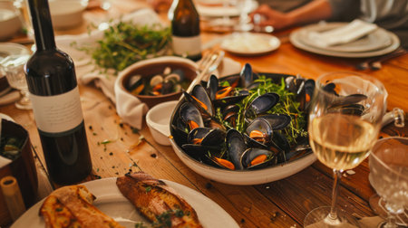 A wooden table set for a seafood dinner party, featuring a large bowl of mussels cooked in a savory broth with aromatic herbs.の素材