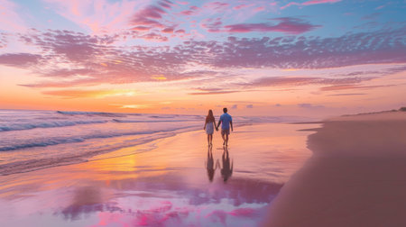 A young couple walking hand in hand along a deserted beach at sunrise, with pastel hues painting the sky overhead.の素材
