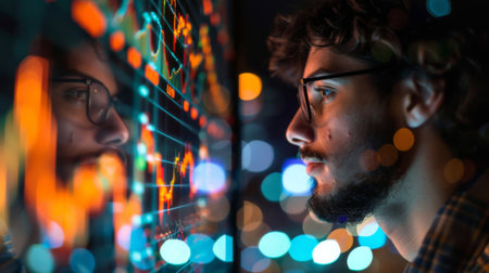 A young entrepreneur analyzing market trends and stock graphs late into the night with determination.の素材