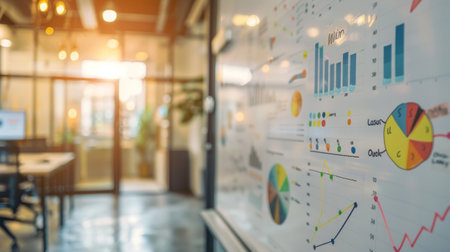 An office whiteboard filled with vibrant markers illustrating various business graphs and projections.の素材