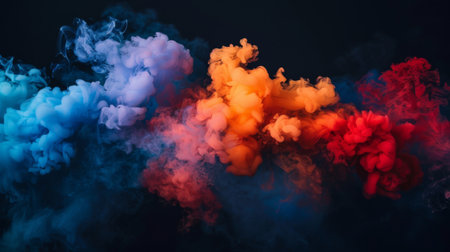 Brightly colored smoke grenades emitting vibrant plumes against a dark background, adding drama and intensity.の素材