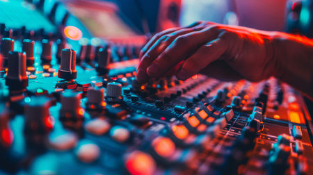 Close-up of hands adjusting equalizer knobs on a sound mixer, fine-tuning audio for optimal clarity.の素材