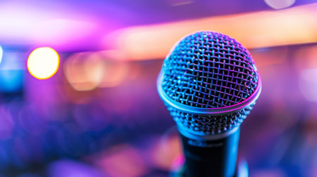 Close-up of a microphone with a blurred stage background, symbolizing the anticipation of a live performance.の素材