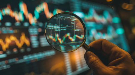 An investor analyzing the stock market with a magnifying glass focused on intricate business graphs.の素材