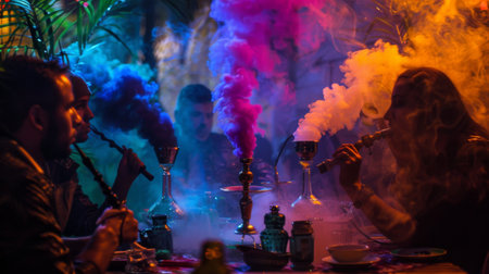Colorful smoke swirling around a group of friends enjoying a hookah session at a vibrant outdoor lounge.の素材
