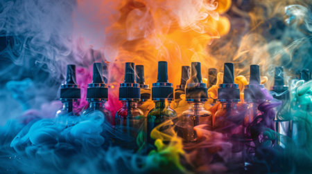 Vibrant swirls of colorful smoke from various flavored vape pens, creating an artistic and dynamic display.の素材