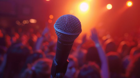 Close-up of a microphone against a blurred concert crowd, capturing the essence of live music events.の素材