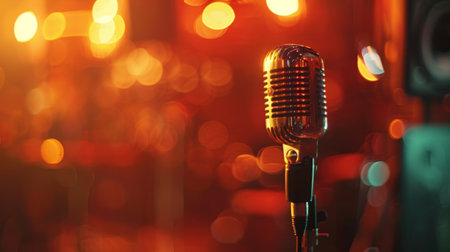 Close-up of a microphone with a blurred stage background, symbolizing the anticipation of a live performance.の素材