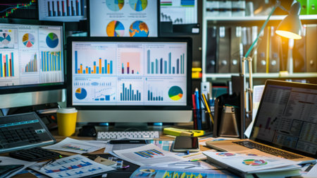 An office desk cluttered with paperwork and computer screens displaying various business graphs and charts.の素材