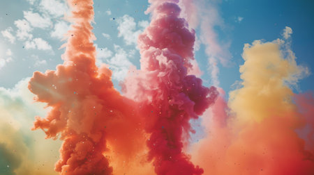 Colorful smoke bombs exploding in the air during a festive celebration, adding excitement and spectacle to the event.の素材
