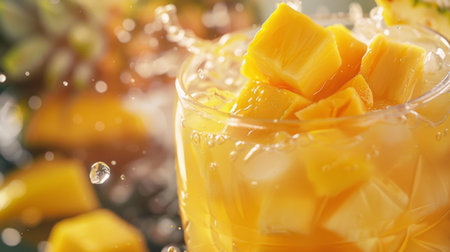 A glass of tropical fruit punch with floating pineapple and mango chunks, evoking images of sunny beaches and relaxation.の素材