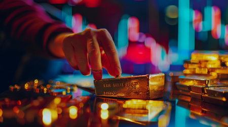 A person polishing a gold bar with a gold price chart in the background, representing care and attention to precious metal investments.の素材