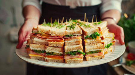 A person holding a plate of colorful and artistic sandwiches arranged in a visually appealing pattern, perfect for a party or event.の素材