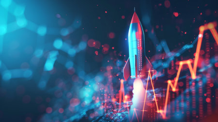 A dynamic image of a rocket launching from a graph's upward trend, symbolizing business success and growth.の素材