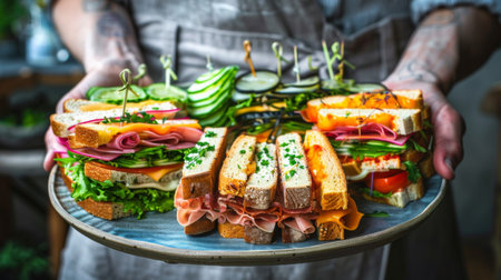 A person holding a plate of colorful and artistic sandwiches arranged in a visually appealing pattern, perfect for a party or event.の素材