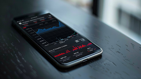 A smartphone displaying a mobile stock trading app with dynamic graphs and real-time market updates.の素材
