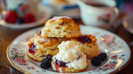 A plate of freshly baked fruit scones served with clotted cream and jam, a quintessential treat for afternoon tea.の素材