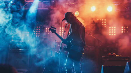 A musician performing on stage with powerful speakers in the background, illustrating live sound amplification.の素材