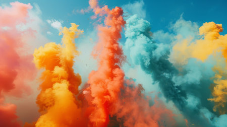 Colorful smoke bombs exploding in the air during a festive celebration, adding excitement and spectacle to the event.の素材