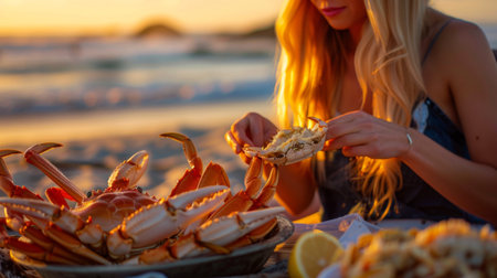 A woman enjoying a beachside picnic, cracking open crab legs and dipping them into savory garlic butter sauce.の素材
